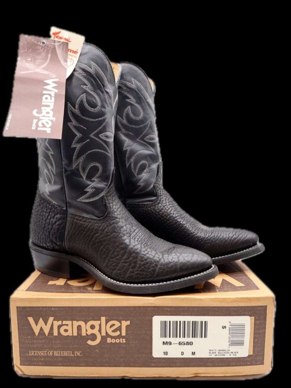 Vintage Wrangler Boots Mens 10 D USA Black Bullhide Leather Cowboy NIB M9-6580